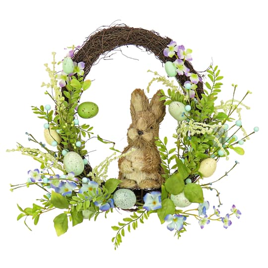 16&#x22; Bunny with Blue &#x26; Green Easter Eggs Wreath
